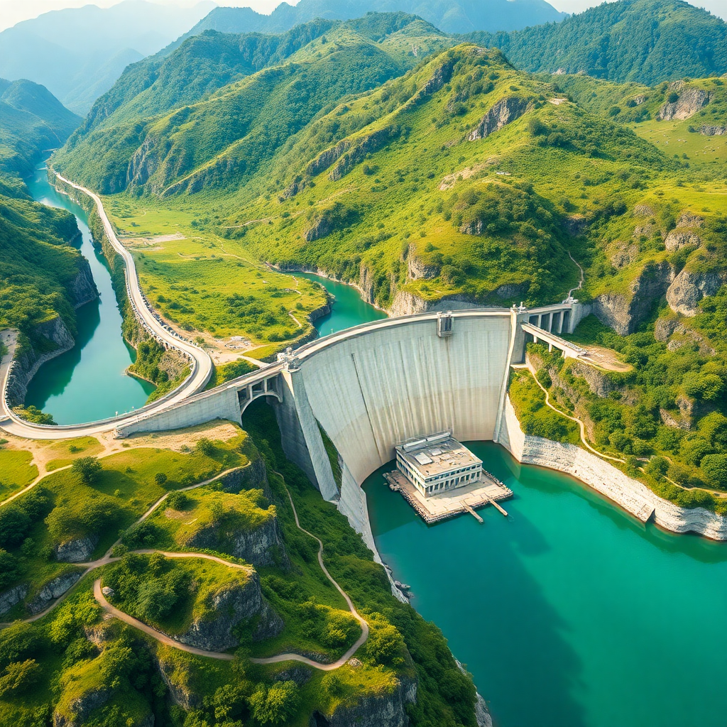 breathtaking aerial view of a sustainable modern hydropower dam integrated into a lush green mountain